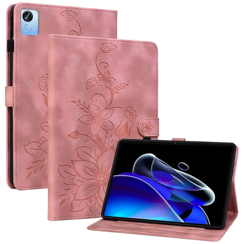For Realme Pad X Case Lily Flower Imprint Leather Drop-Proof Tablet Cover with Card Holder - Pink - 1
