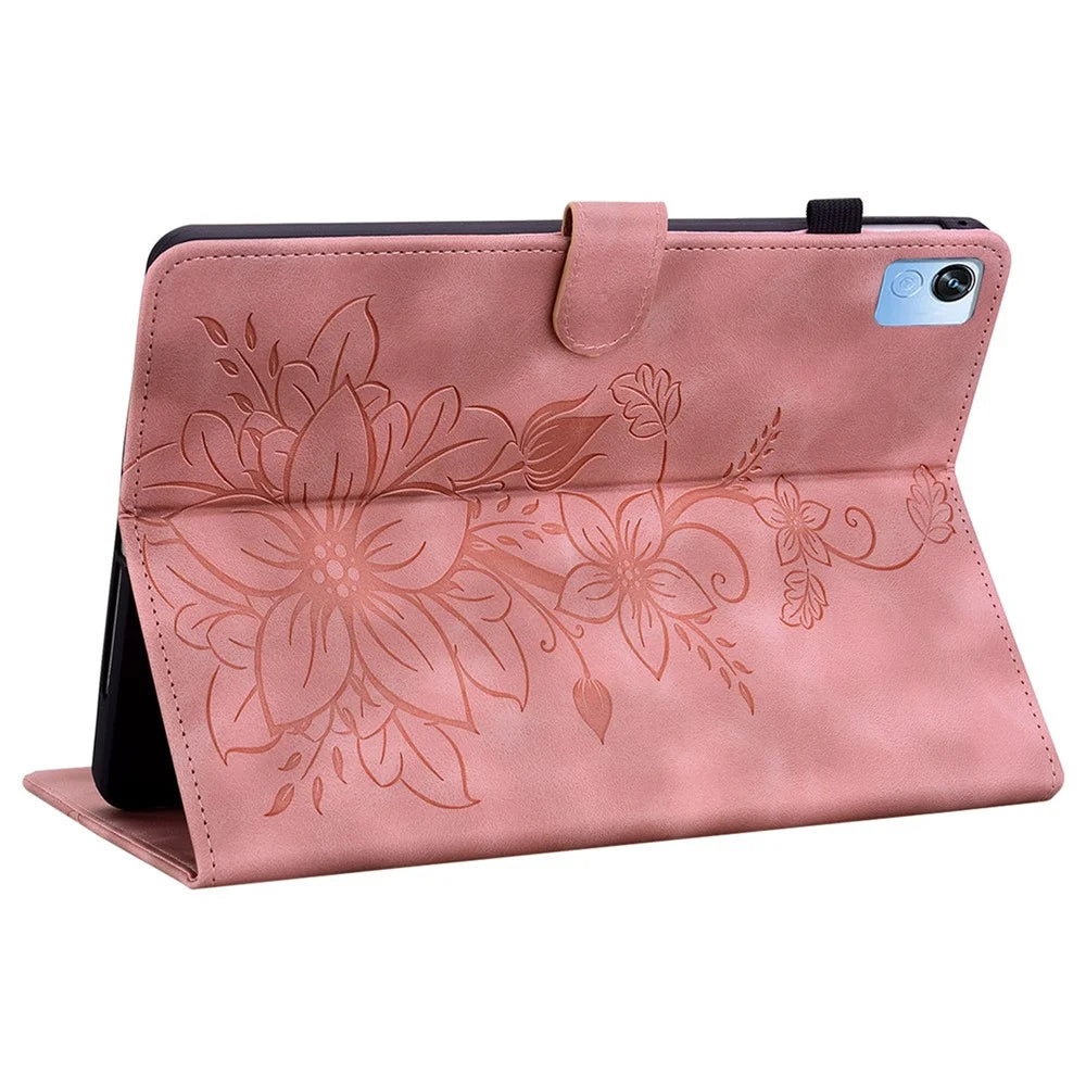 For Realme Pad X Case Lily Flower Imprint Leather Drop-Proof Tablet Cover with Card Holder - Pink - 4