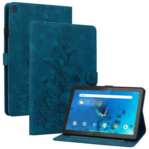 For Lenovo Tab M10 TB-X605F Tablet Case Leather Lily Flower Imprint Cover with Card Slots - Blue - 1