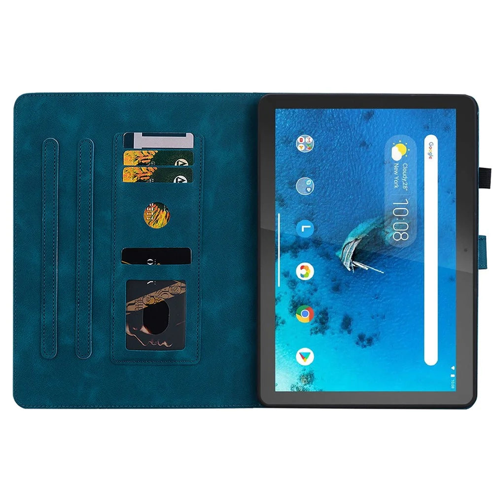 For Lenovo Tab M10 TB-X605F Tablet Case Leather Lily Flower Imprint Cover with Card Slots - Blue - 2