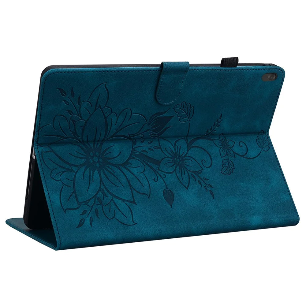 For Lenovo Tab M10 TB-X605F Tablet Case Leather Lily Flower Imprint Cover with Card Slots - Blue - 4