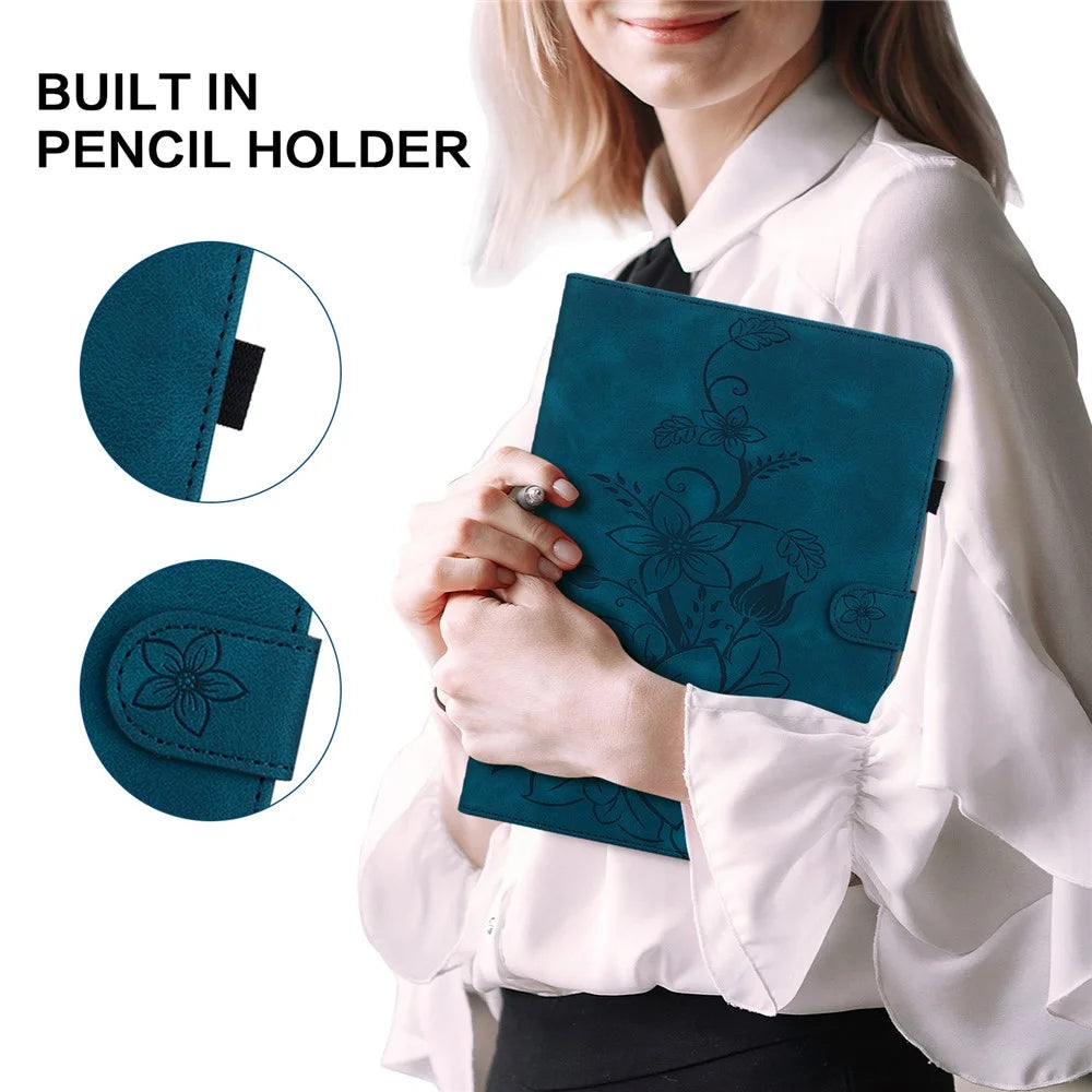 For Lenovo Tab M10 TB-X605F Tablet Case Leather Lily Flower Imprint Cover with Card Slots - Blue - 5