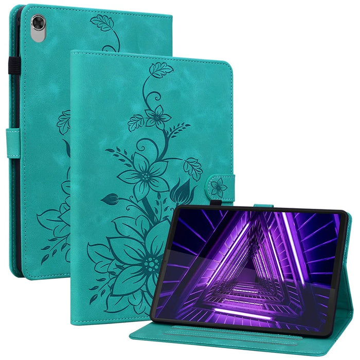 For Lenovo Tab M10 Plus TB-X606F / TB-X606X Case PU Leather Lily Flower Pattern Stand Tablet Cover - Green - 1