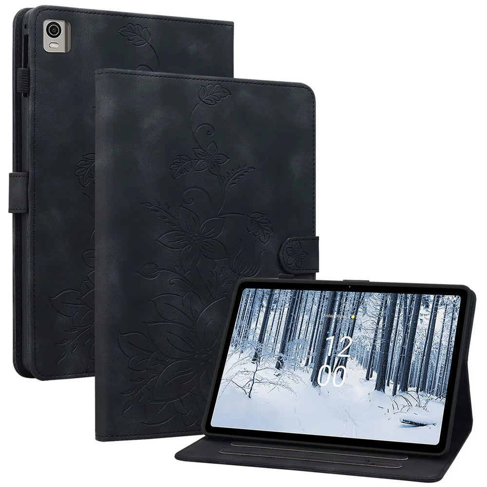 For Nokia T21 Protective Case Lily Flower Imprint PU Leather Card Slots Tablet Cover - Black - 1