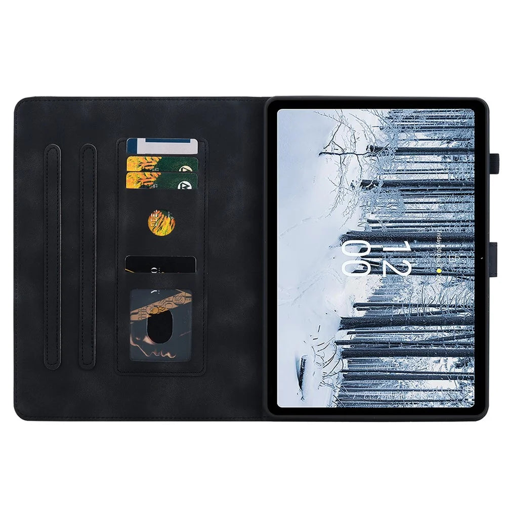 For Nokia T21 Protective Case Lily Flower Imprint PU Leather Card Slots Tablet Cover - Black - 2