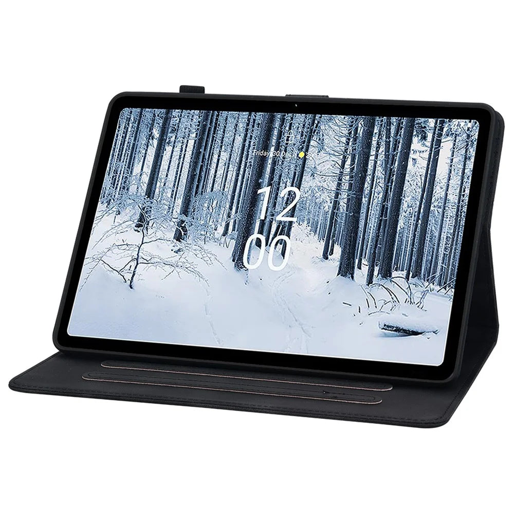 For Nokia T21 Protective Case Lily Flower Imprint PU Leather Card Slots Tablet Cover - Black - 3