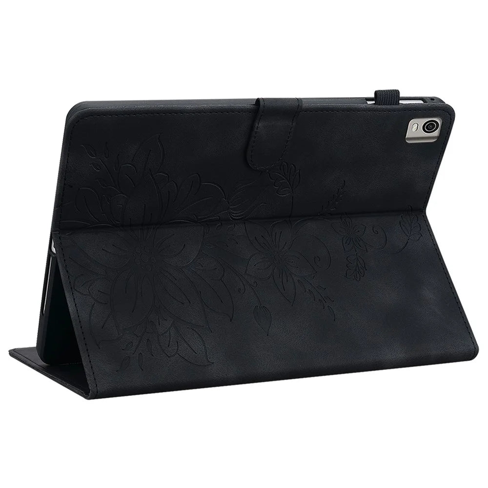 For Nokia T21 Protective Case Lily Flower Imprint PU Leather Card Slots Tablet Cover - Black - 4