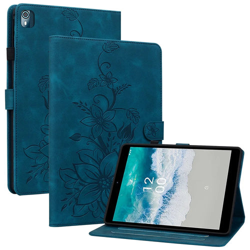 For Nokia T10 Case Lily Flower PU Leather Pencil Holder Magnetic Clasp Tablet Cover - Blue - 1