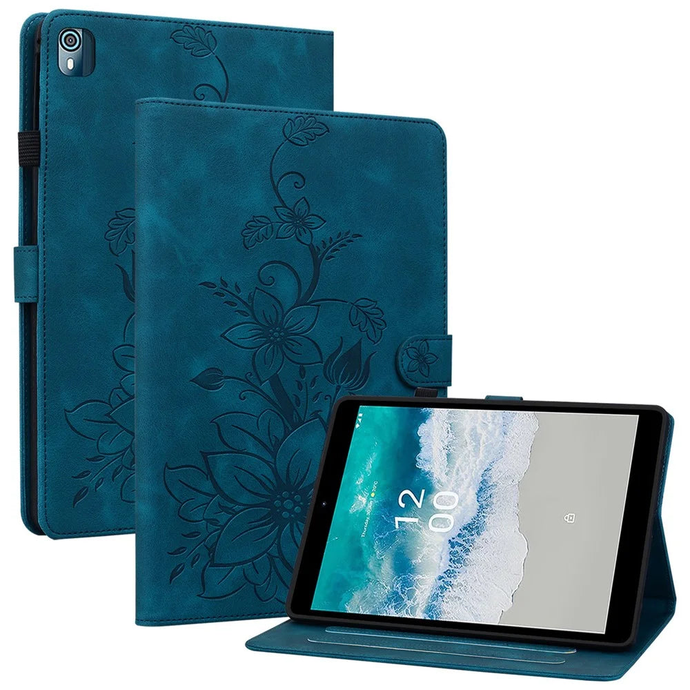 For Nokia T10 Case Lily Flower PU Leather Pencil Holder Magnetic Clasp Tablet Cover - Blue - 1
