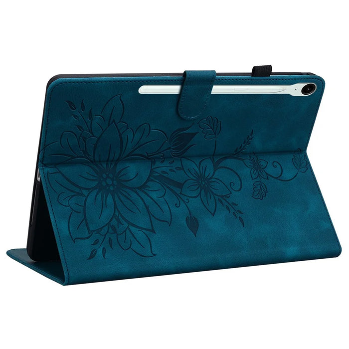 For Samsung Galaxy Tab S10 Lite / S10 FE / S9 FE Leather Case Lily Flower Pattern Stand Protective Tablet Cover - Blue - 4