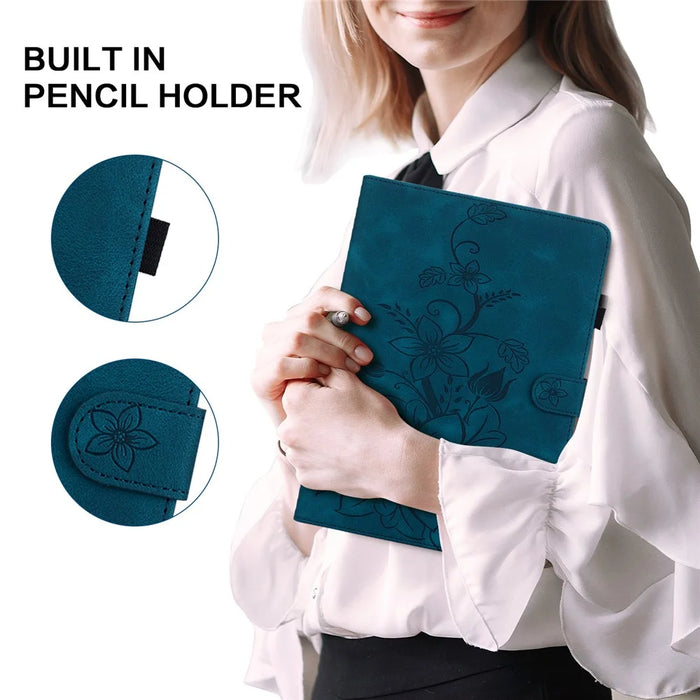 For Samsung Galaxy Tab S10 Lite / S10 FE / S9 FE Leather Case Lily Flower Pattern Stand Protective Tablet Cover - Blue - 5