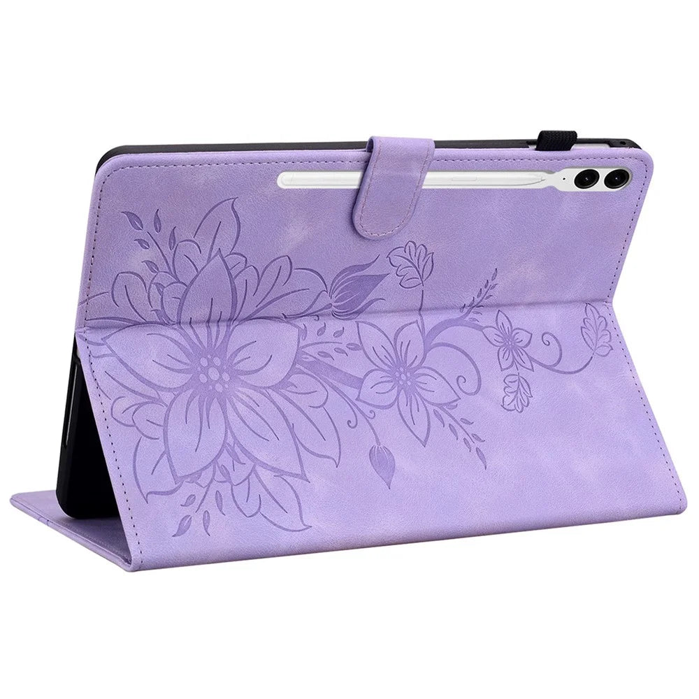 For Samsung Galaxy Tab S10+ / S9+ / S9 FE+ Card Slots Case Lily Flower Imprint PU Leather Tablet Cover - Purple - 4