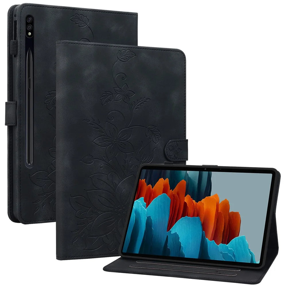 For Samsung Galaxy Tab S7+ / S7 FE / S8+ Case Lily Flower Imprint Card Slots PU Leather Tablet Cover - Black - 1