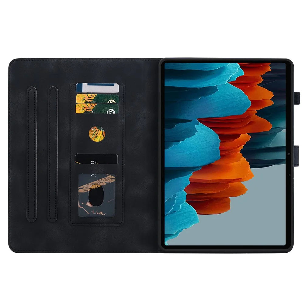 For Samsung Galaxy Tab S7+ / S7 FE / S8+ Case Lily Flower Imprint Card Slots PU Leather Tablet Cover - Black - 2