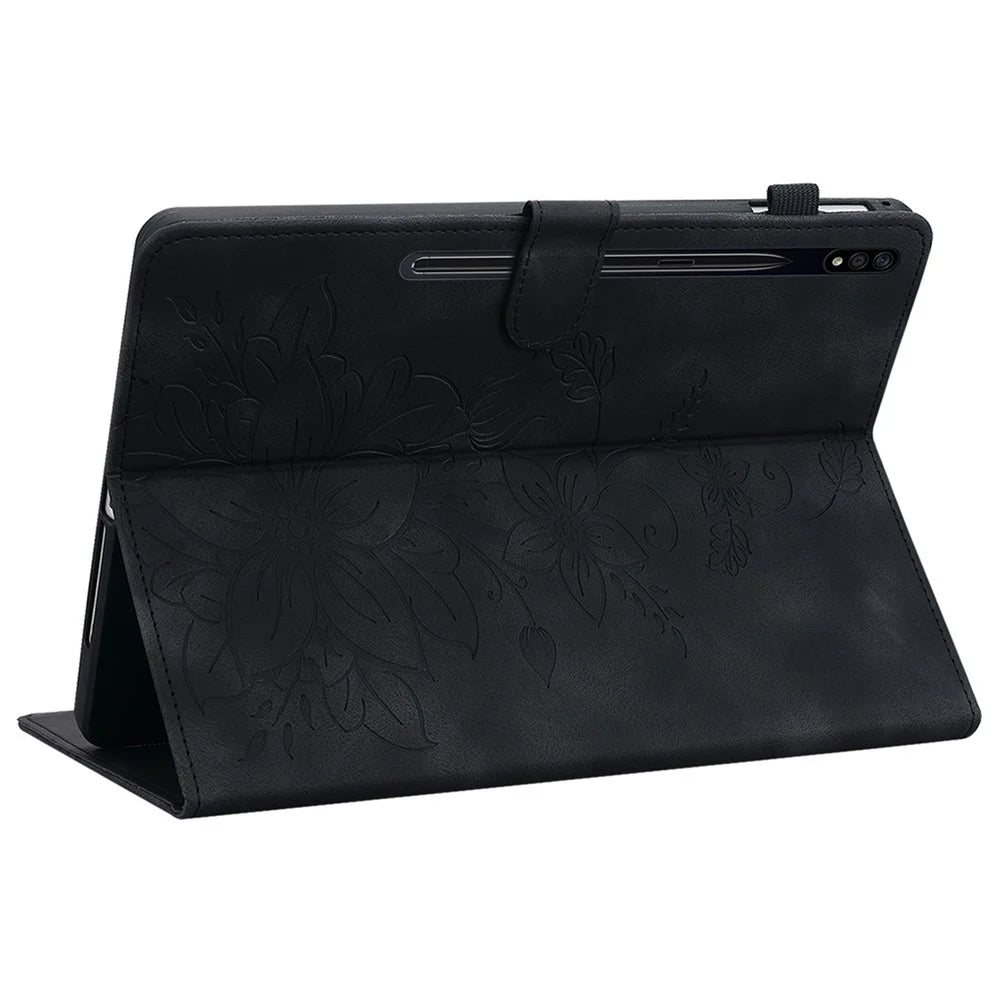 For Samsung Galaxy Tab S7+ / S7 FE / S8+ Case Lily Flower Imprint Card Slots PU Leather Tablet Cover - Black - 4