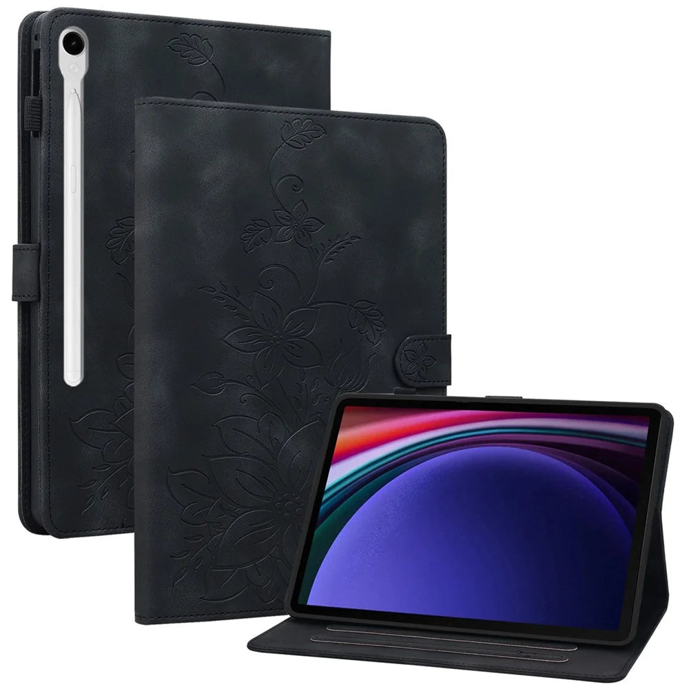 For Samsung Galaxy Tab S9 / S7 / S8 Case PU Leather+TPU Lily Flower Tablet Stand Shell - Black - 1