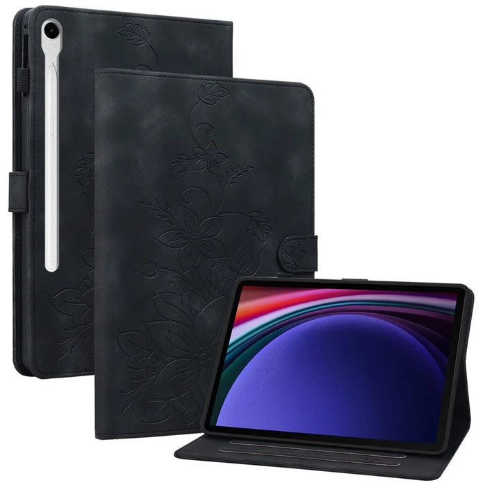 For Samsung Galaxy Tab S9 / S7 / S8 Case PU Leather+TPU Lily Flower Tablet Stand Shell - Black - 1