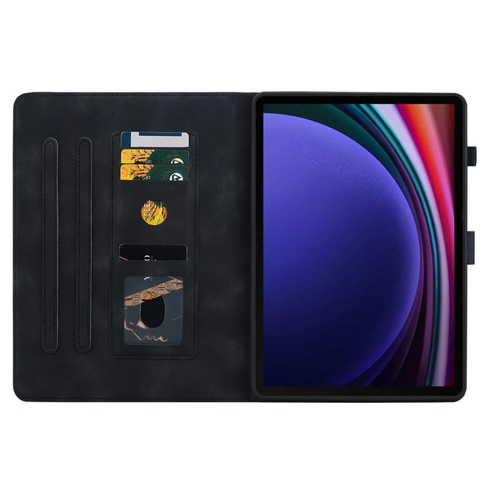 For Samsung Galaxy Tab S9 / S7 / S8 Case PU Leather+TPU Lily Flower Tablet Stand Shell - Black - 2