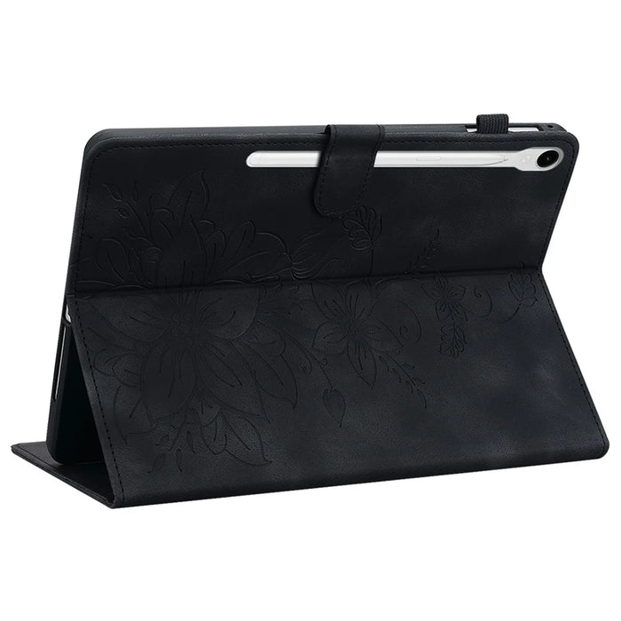 For Samsung Galaxy Tab S9 / S7 / S8 Case PU Leather+TPU Lily Flower Tablet Stand Shell - Black - 4