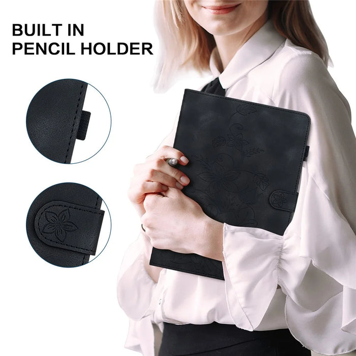 For Samsung Galaxy Tab S9 / S7 / S8 Case PU Leather+TPU Lily Flower Tablet Stand Shell - Black - 5