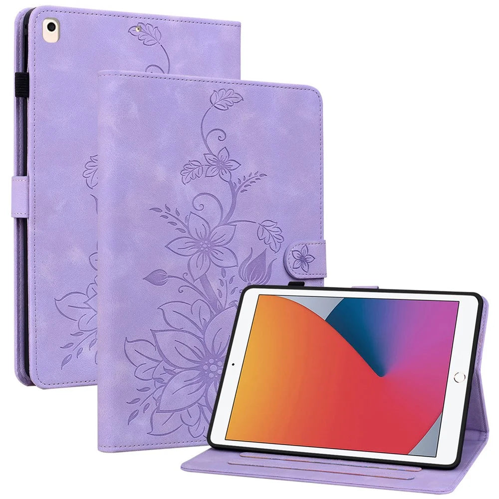 For iPad 10.2 (2021) / (2019) / (2020) Protective Case Anti-Drop Imprint PU Leather Tablet Cover - Purple - 1