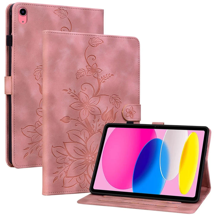 For iPad (2025) / 10.9 (2022) Stand Case Lily Flower Imprinted Leather Drop-Resistant Protective Cover - Pink - 1