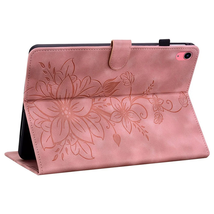 For iPad (2025) / 10.9 (2022) Stand Case Lily Flower Imprinted Leather Drop-Resistant Protective Cover - Pink - 4