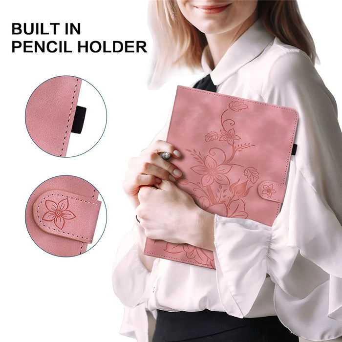 For iPad (2025) / 10.9 (2022) Stand Case Lily Flower Imprinted Leather Drop-Resistant Protective Cover - Pink - 5