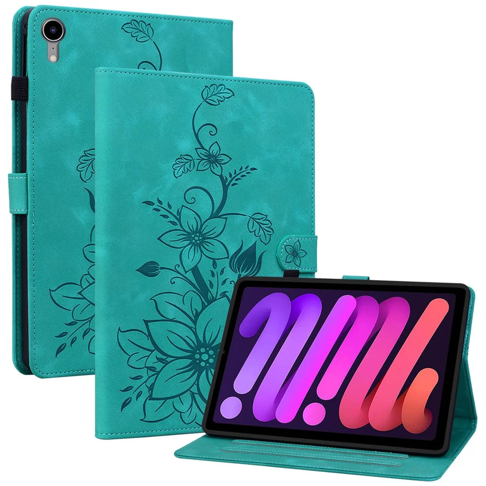 For iPad mini (2024) / mini (2021) Case Lily Flower Design PU Leather Stand Tablet Cover - Green - 1
