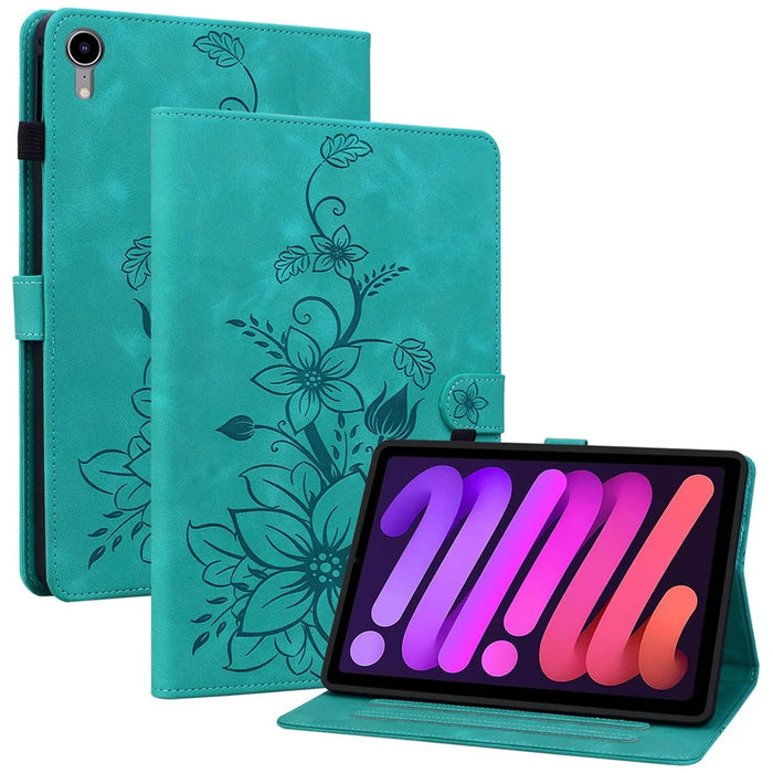 For iPad mini (2024) / mini (2021) Case Lily Flower Design PU Leather Stand Tablet Cover - Green - 1
