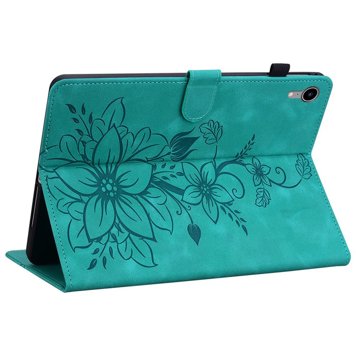 For iPad mini (2024) / mini (2021) Case Lily Flower Design PU Leather Stand Tablet Cover - Green - 4