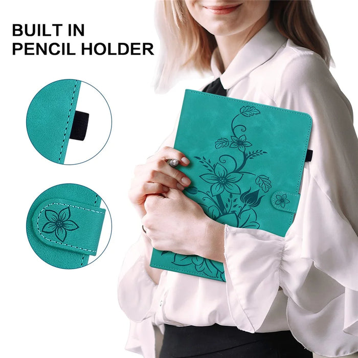 For iPad mini (2024) / mini (2021) Case Lily Flower Design PU Leather Stand Tablet Cover - Green - 5