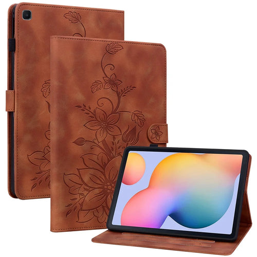 For Samsung Galaxy Tab S6 Lite (2020) / (2022) / (2024) Case Lily Flower Imprint Card Holder Leather Tablet Cover - Brown - 1