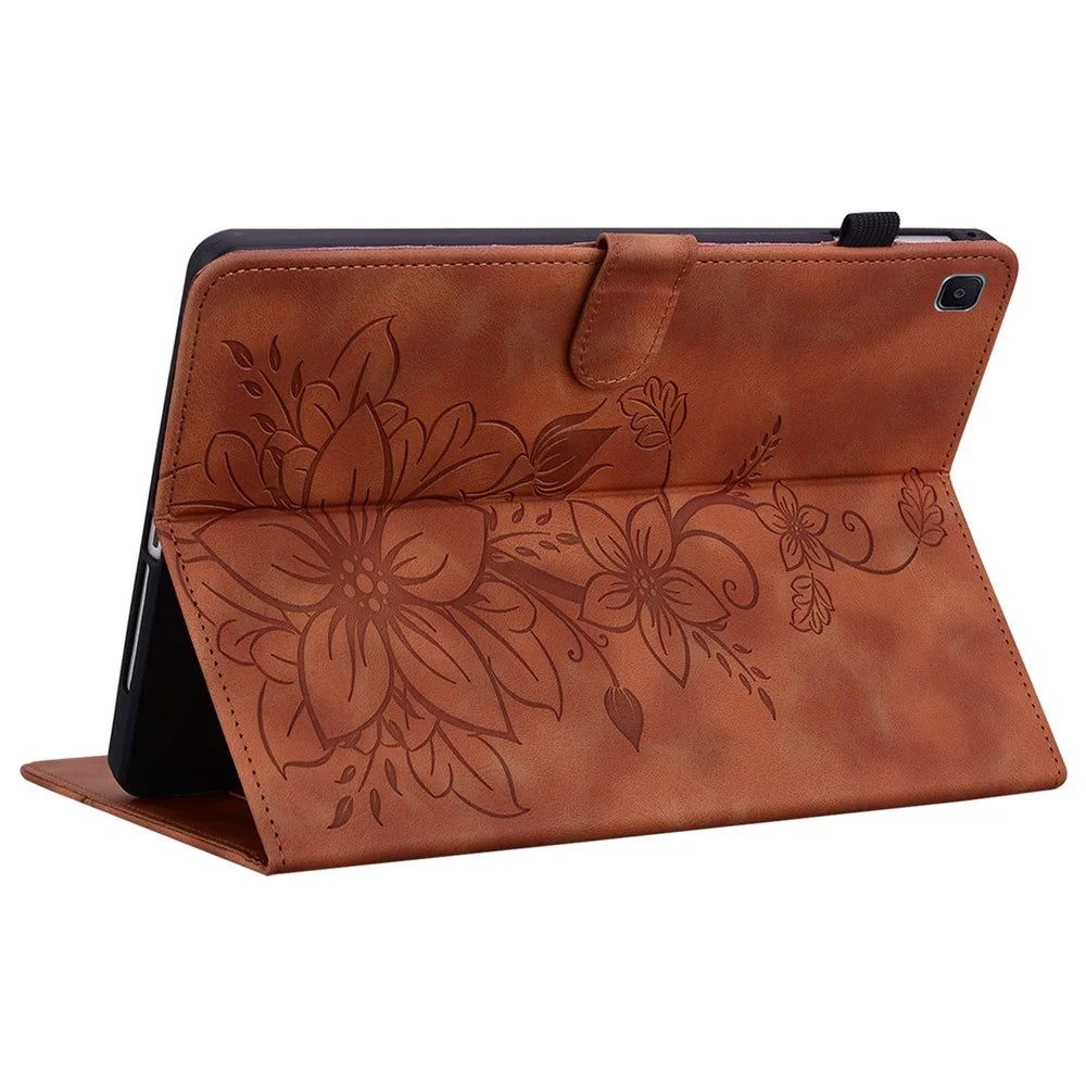 For Samsung Galaxy Tab S6 Lite (2020) / (2022) / (2024) Case Lily Flower Imprint Card Holder Leather Tablet Cover - Brown - 4