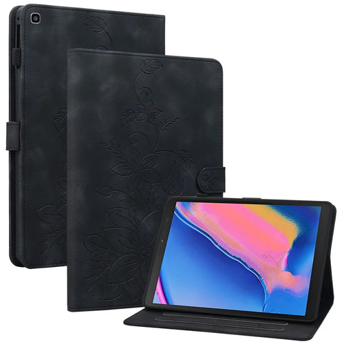 For Samsung Galaxy Tab A 8.0 (2019) SM-T290 (Wi-Fi) / SM-T295 (LTE) / SM-T297 Case Flower Imprint PU Leather Tablet Cover - Black - 1