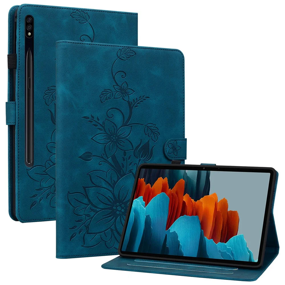 For Samsung Galaxy Tab S7 / S8 Case Flower Imprint PU Leather Drop-Proof Tablet Cover - Blue - 1