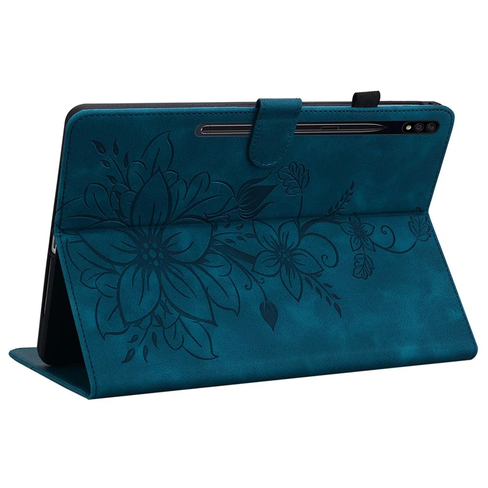 For Samsung Galaxy Tab S7 / S8 Case Flower Imprint PU Leather Drop-Proof Tablet Cover - Blue - 4