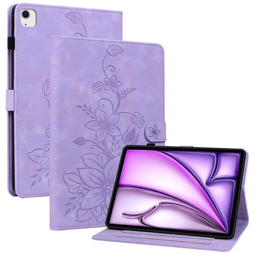 For iPad Air 13 (2026) / (2025) / (2024) Case PU Leather Card Holder Stand Tablet Cover Lily Flower Design - Purple - 1