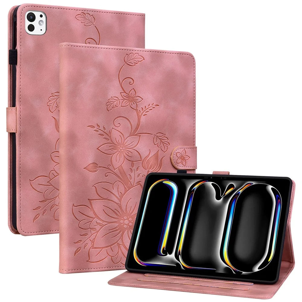 For iPad Pro 11 (2025) / 11 (2024) Case Lily Flower Design PU Leather Drop Protection Tablet Cover - Pink - 1