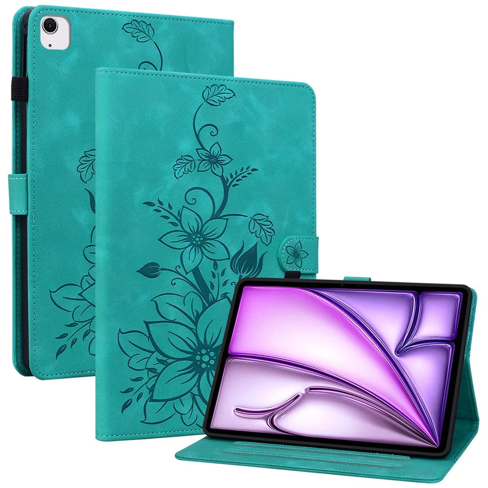 For iPad Air 11 (2026) / (2025) / (2024) Case with Card Slots Lily Flower Leather+TPU Full Protection Tablet Cover - Green - 1