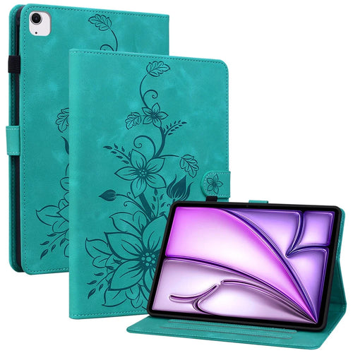 For iPad Air 11 (2026) / (2025) / (2024) Case with Card Slots Lily Flower Leather+TPU Full Protection Tablet Cover - Green - 1