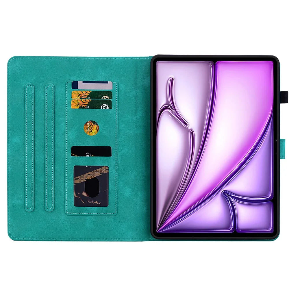 For iPad Air 11 (2026) / (2025) / (2024) Case with Card Slots Lily Flower Leather+TPU Full Protection Tablet Cover - Green - 2