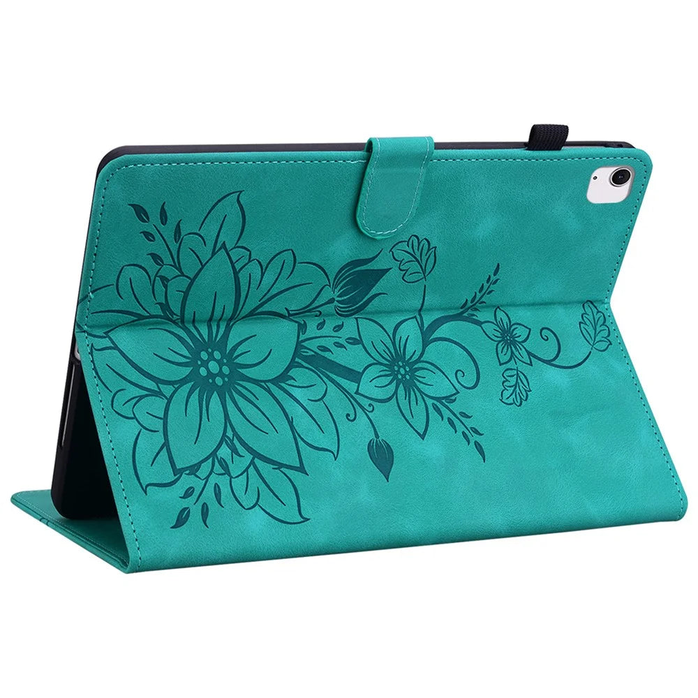 For iPad Air 11 (2026) / (2025) / (2024) Case with Card Slots Lily Flower Leather+TPU Full Protection Tablet Cover - Green - 4