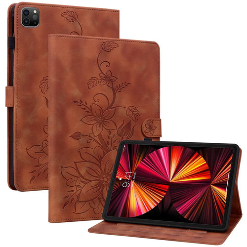 For iPad Pro 12.9 (2020) / (2021) / (2022) Tablet Case Shockproof Flower Imprint PU Leather Flip Cover - Brown - 1