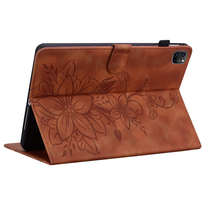 For iPad Pro 12.9 (2020) / (2021) / (2022) Tablet Case Shockproof Flower Imprint PU Leather Flip Cover - Brown - 4