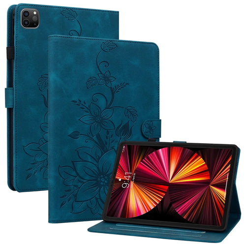 For iPad Air 11 (2026) / (2025) / (2024) / Pro 11 (2018) / (2020) / (2021) / (2022) / Air (2022) / (2020) Stand Case with Lily Flower Design - Blue - 1