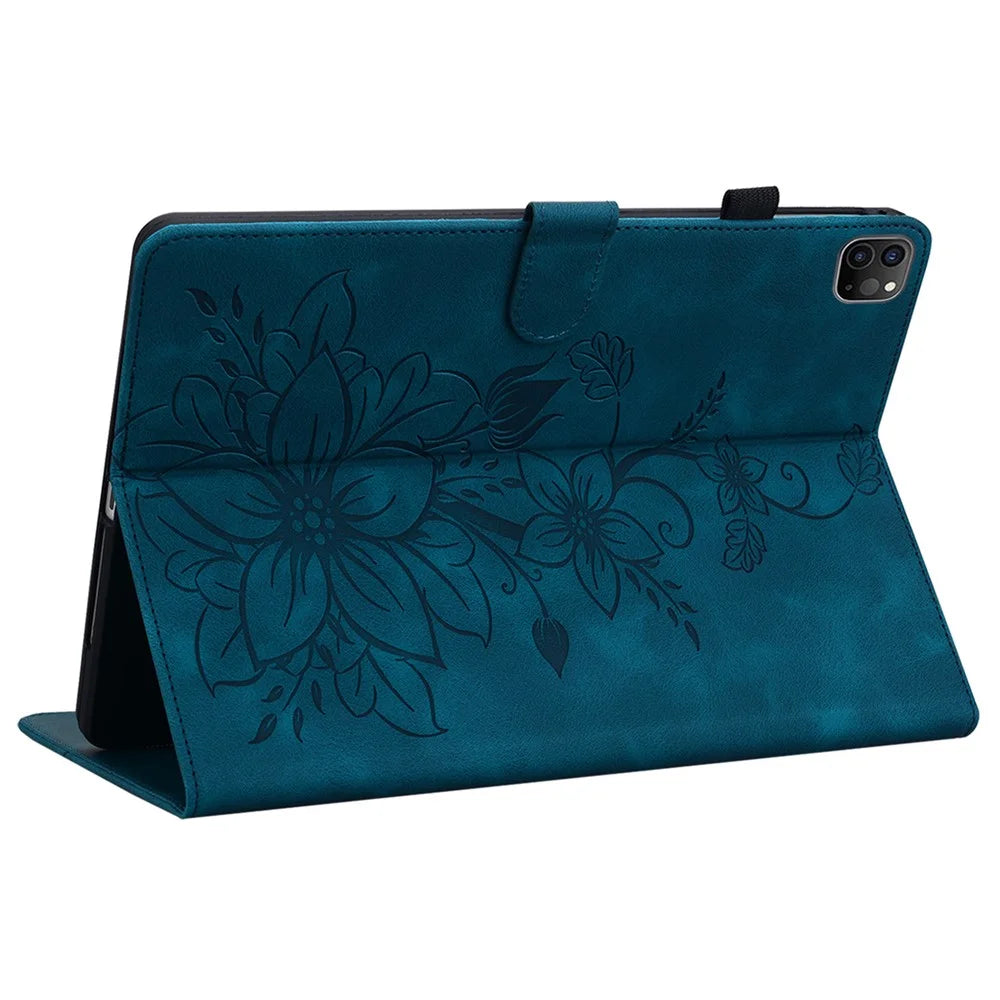 For iPad Air 11 (2026) / (2025) / (2024) / Pro 11 (2018) / (2020) / (2021) / (2022) / Air (2022) / (2020) Stand Case with Lily Flower Design - Blue - 4