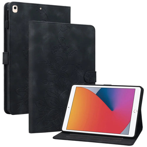For iPad Air (2013) / Air 2 / iPad 9.7-inch (2017) / (2018) Tablet Stand Case Leather Cover with Imprinted Flower - Black - 1