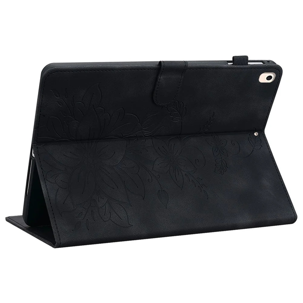 For iPad Air (2013) / Air 2 / iPad 9.7-inch (2017) / (2018) Tablet Stand Case Leather Cover with Imprinted Flower - Black - 4