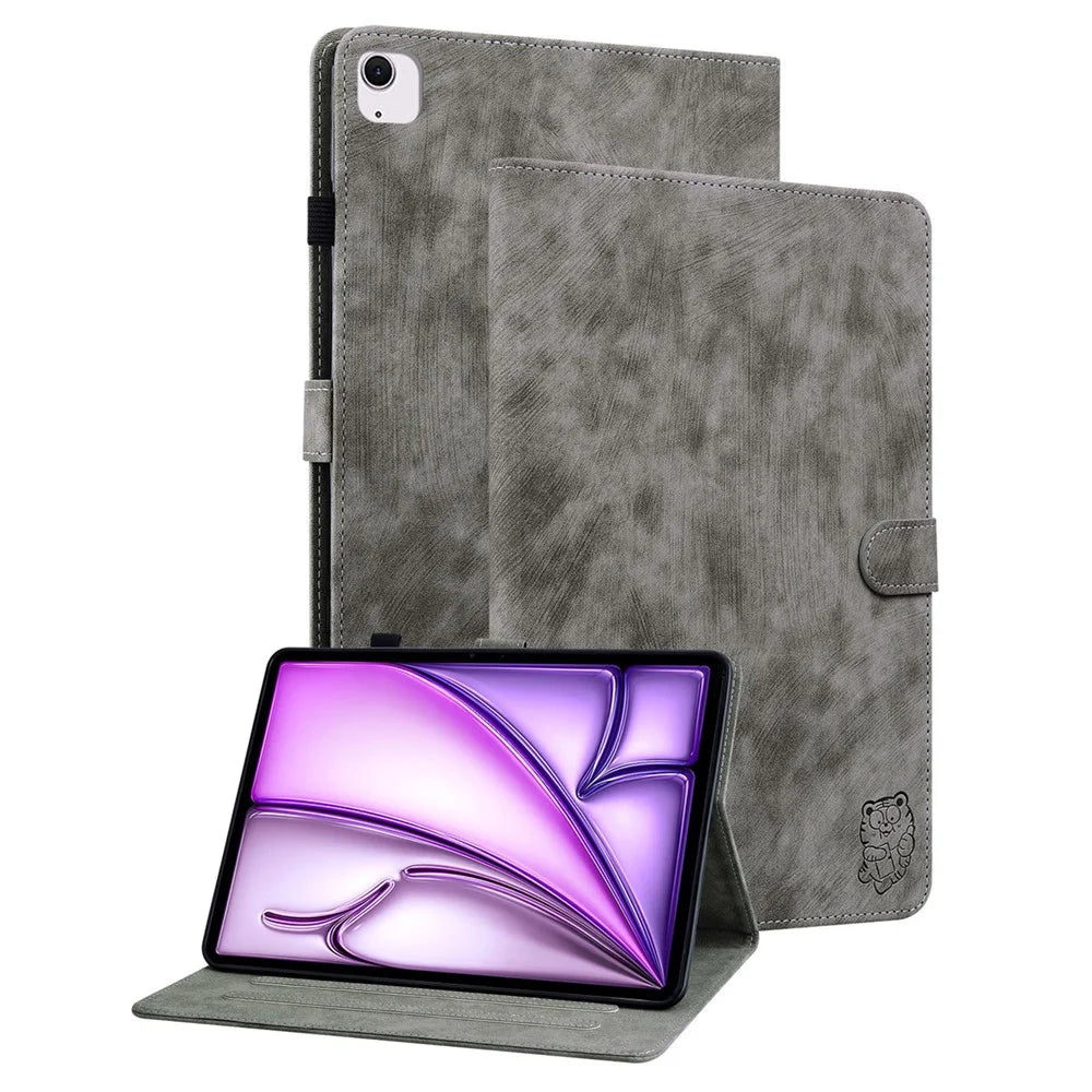 For iPad Air 13 (2026) / (2025) / (2024) Case PU Leather Stand Tablet Shell Cute Cartoon Tiger Imprinted - Grey - 1
